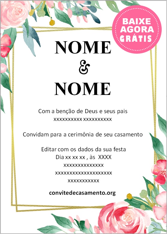 convite de casamento floral dourado