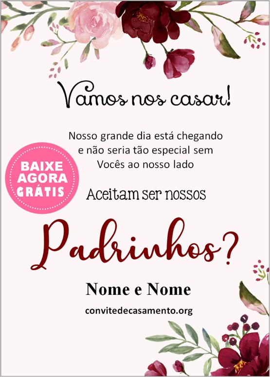convite de casamento padrinhos marsala simples